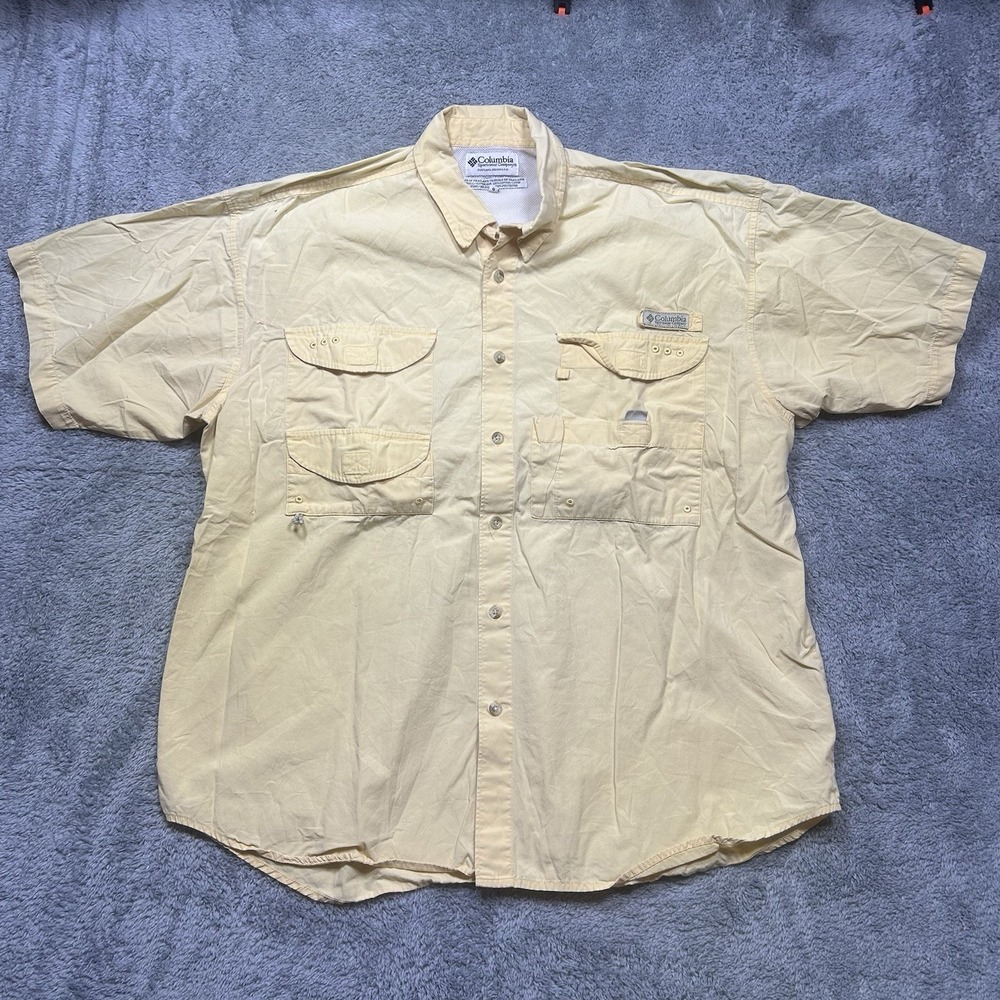 Columbia PFG Shirt Mens L Yellow Vented Short Sleeve Fishing Performance Vintage